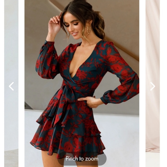 KERRY LAYERED BALLOON SLEEVE DRESS FOREST GREEN/RED - Picture 1 of 2